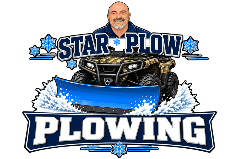 Star Plow logo: camo ATV with a blue snow plow, Plowing
